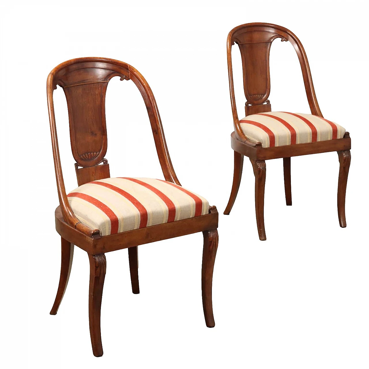 Pair of walnut gondola chairs with padded seat, 19th century 1