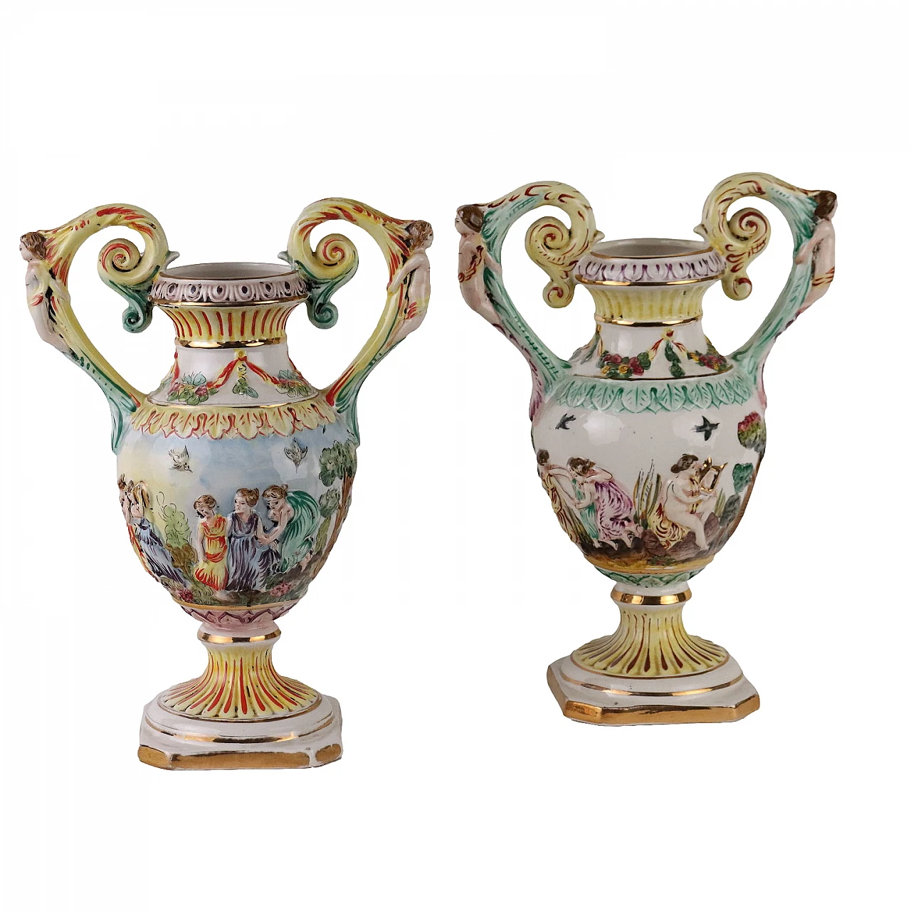 Pair of Capodimonte ceramic vases with mythological scenes 1