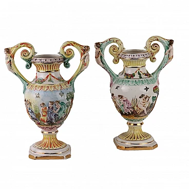 Pair of Capodimonte ceramic vases with mythological scenes