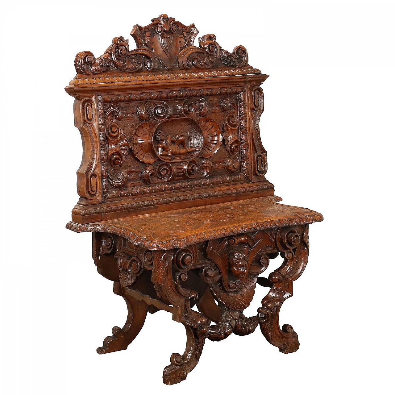 Walnut bench carved with phytomorphic motifs & frets, 19th century 1