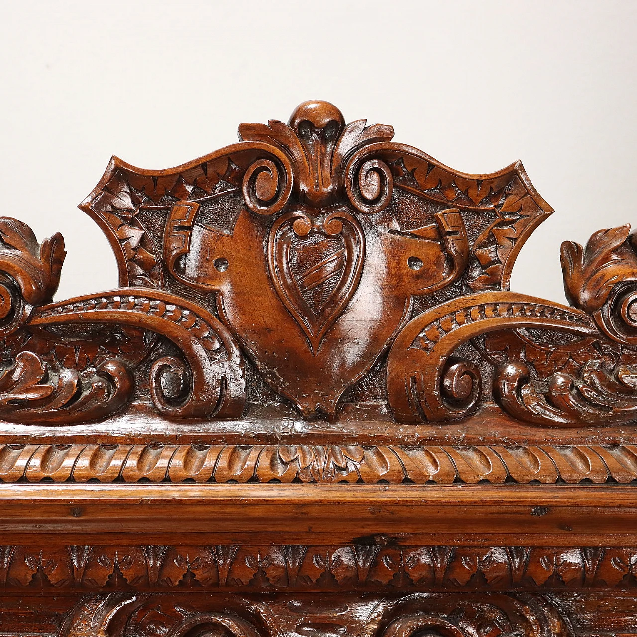 Walnut bench carved with phytomorphic motifs & frets, 19th century 3