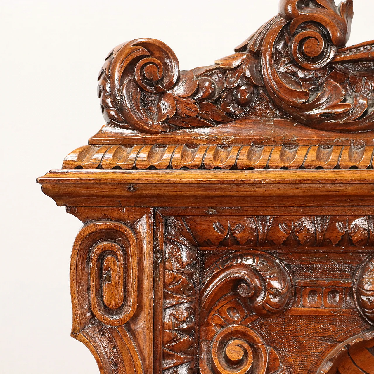 Walnut bench carved with phytomorphic motifs & frets, 19th century 5