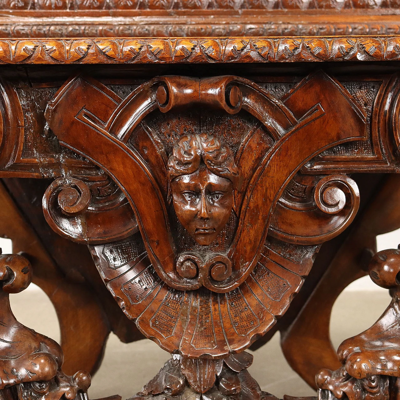 Walnut bench carved with phytomorphic motifs & frets, 19th century 7