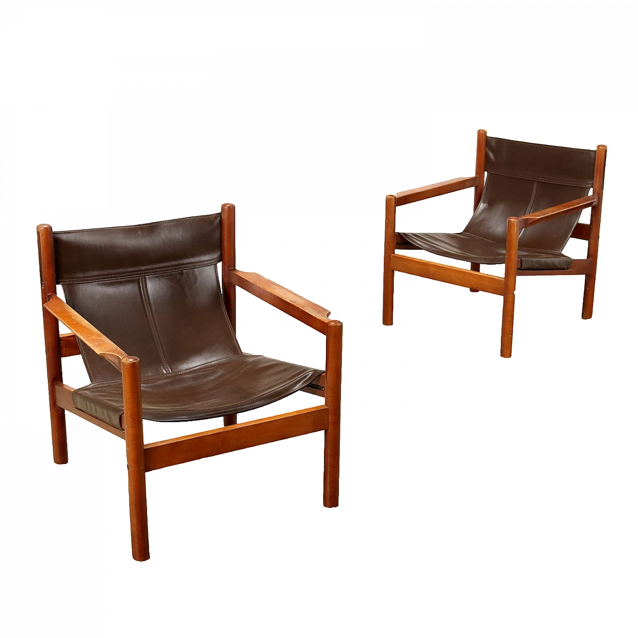 Pair of beech and brown leather armchairs, 1960s 1