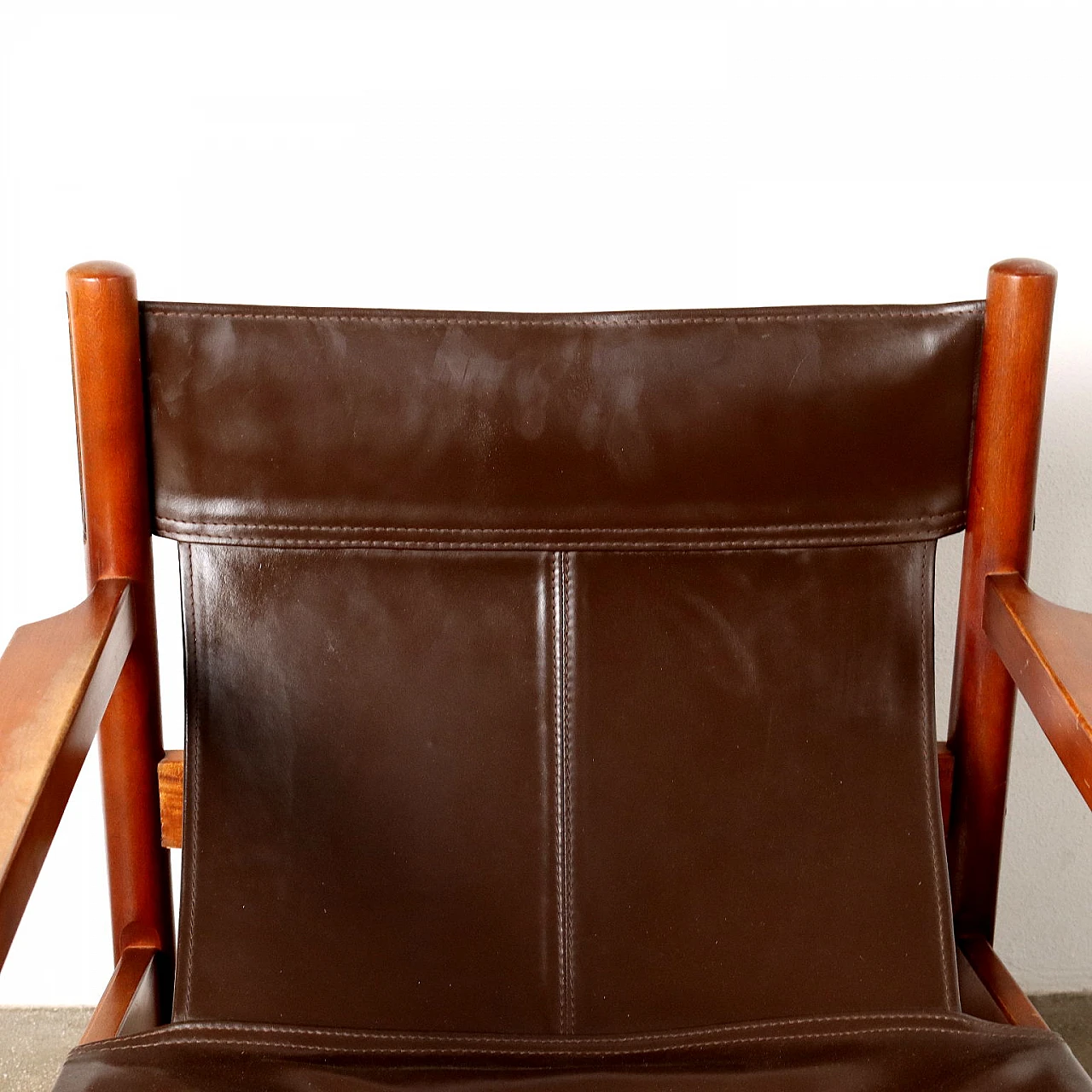 Pair of beech and brown leather armchairs, 1960s 3