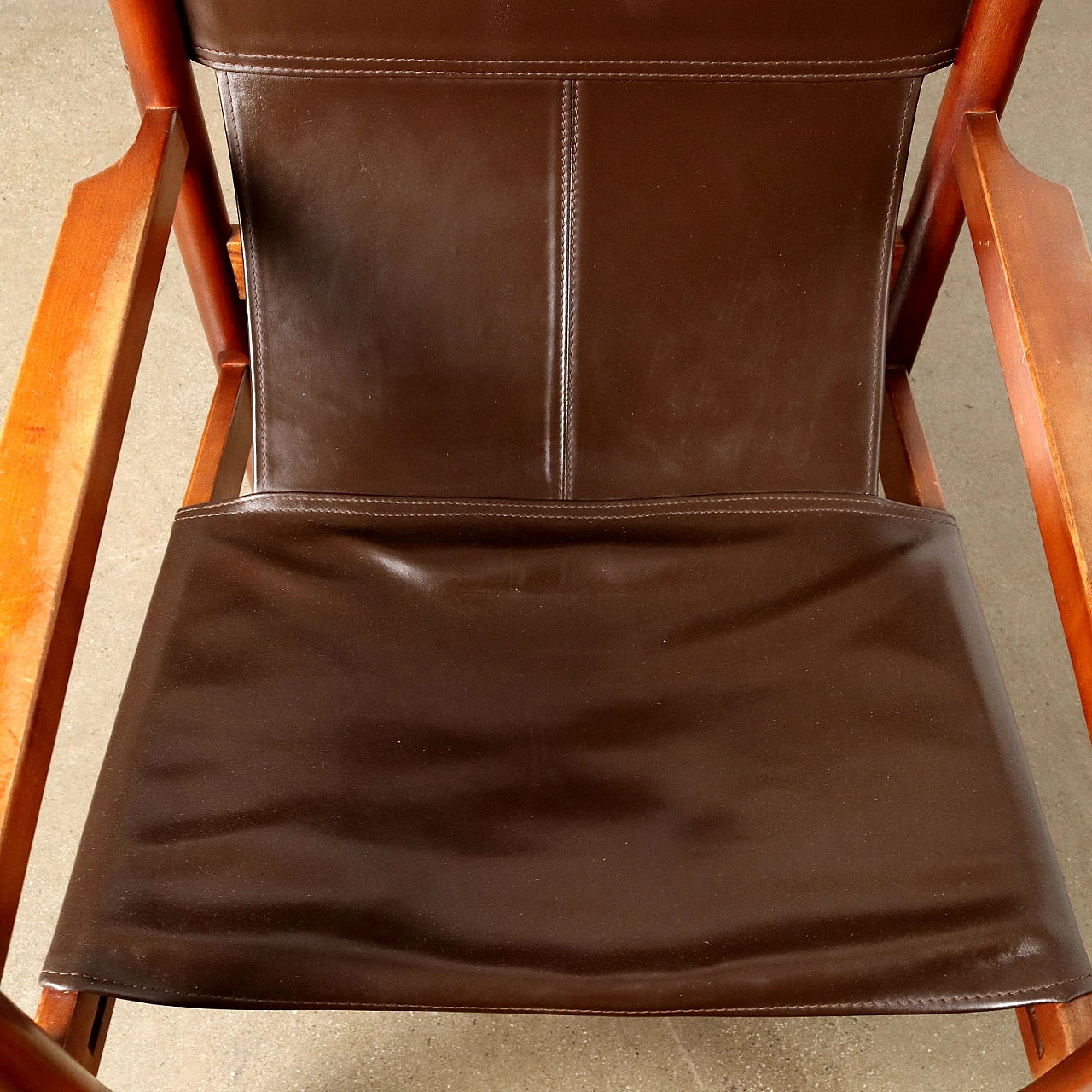 Pair of beech and brown leather armchairs, 1960s 5