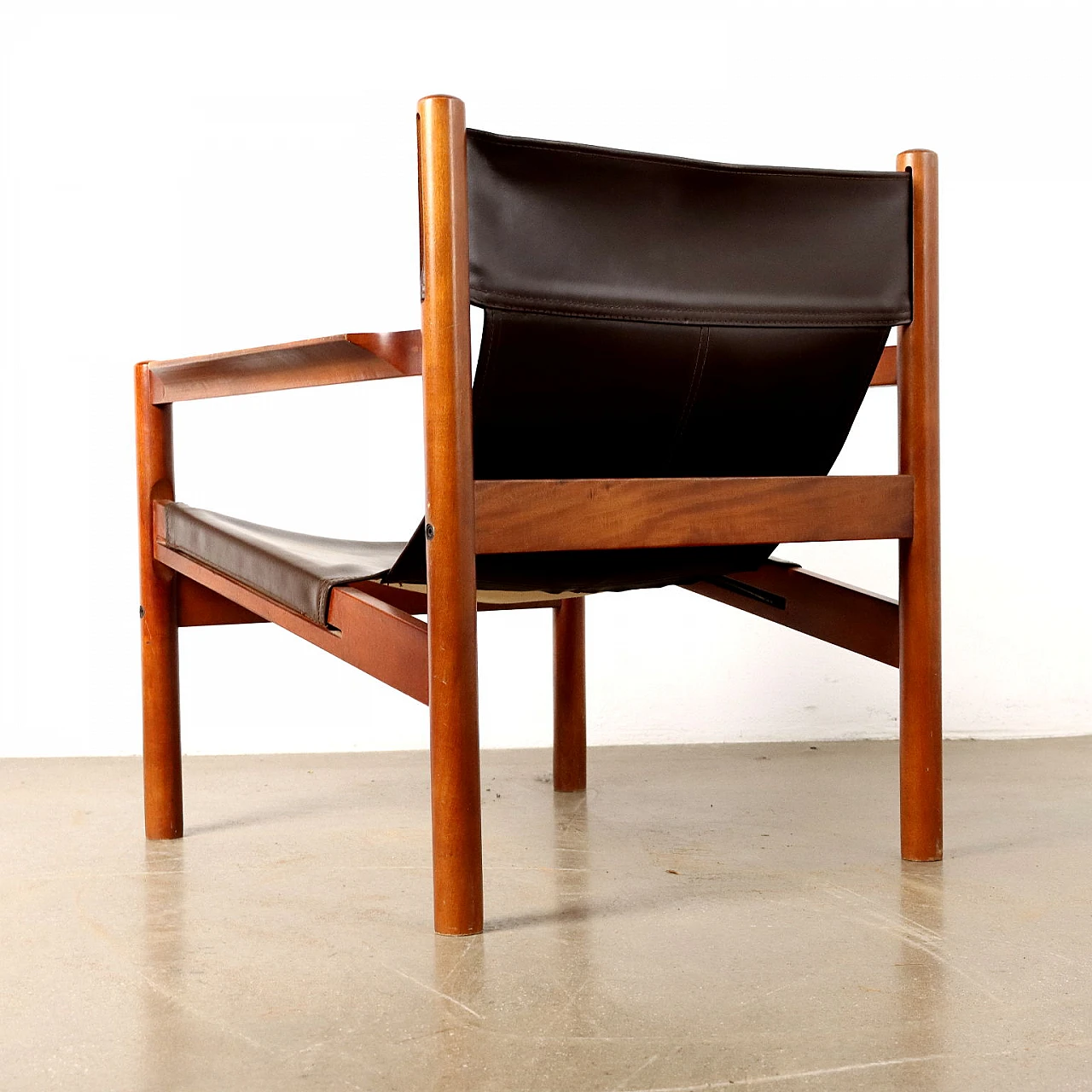 Pair of beech and brown leather armchairs, 1960s 8