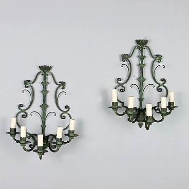 Pair of 5-light wall sconces in painted wrought iron
