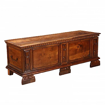 Walnut chest with carved faux pilasters and corbel feet, 18th century