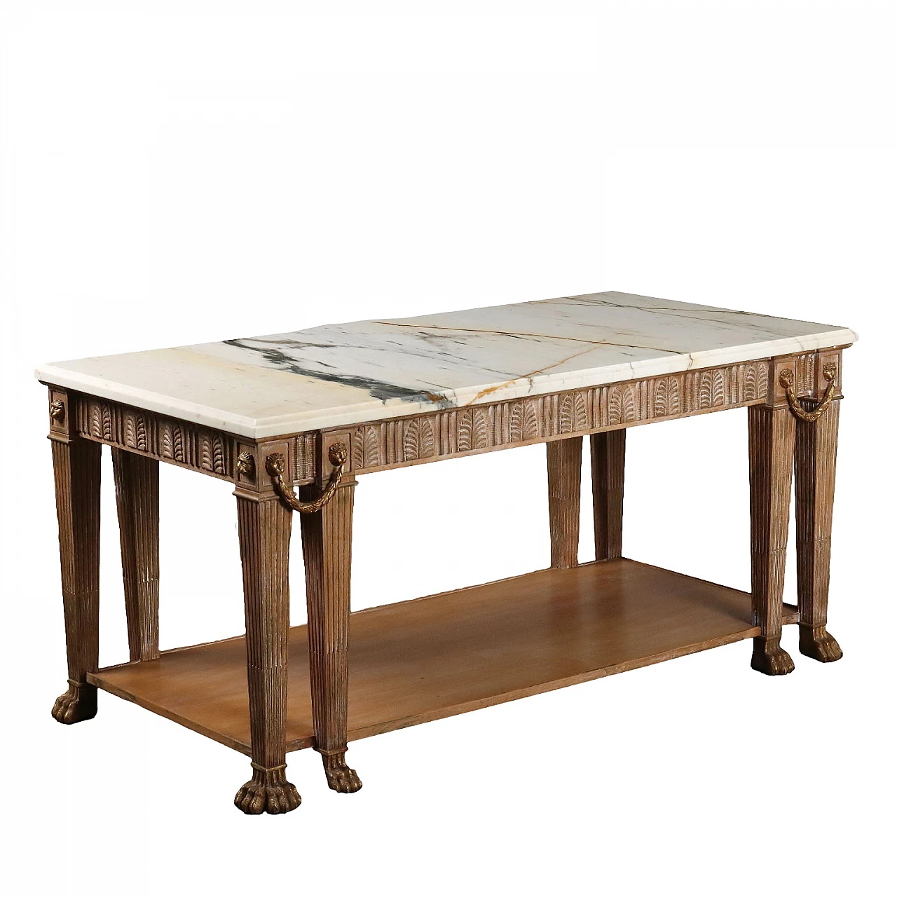 Tavolo in legno con piano in marmo e piedi leonini 1