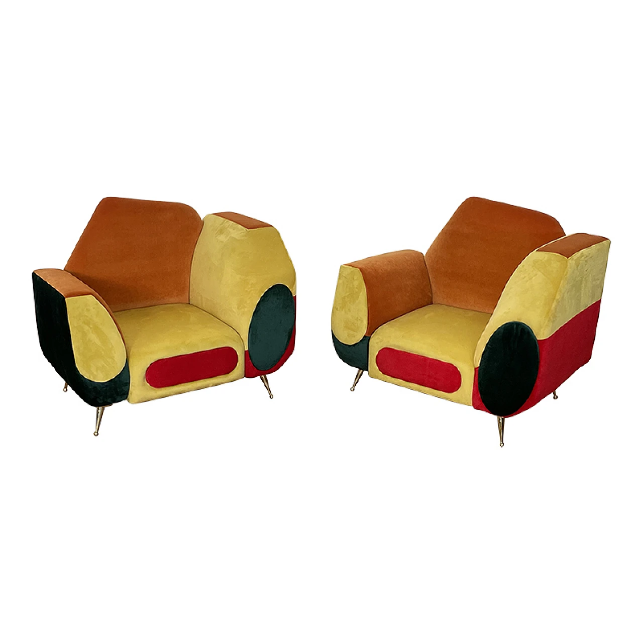 Pair of asymmetrical multicolored fabric armchairs, 1990s 1
