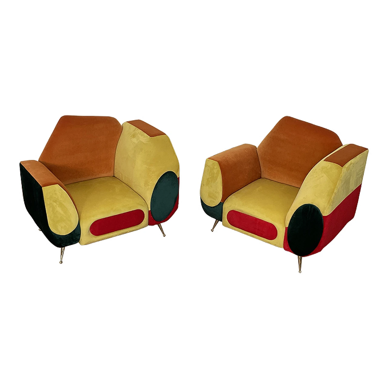 Pair of asymmetrical multicolored fabric armchairs, 1990s 2