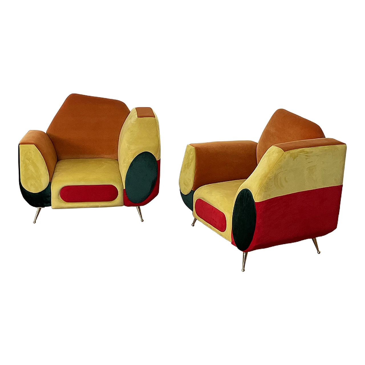 Pair of asymmetrical multicolored fabric armchairs, 1990s 3