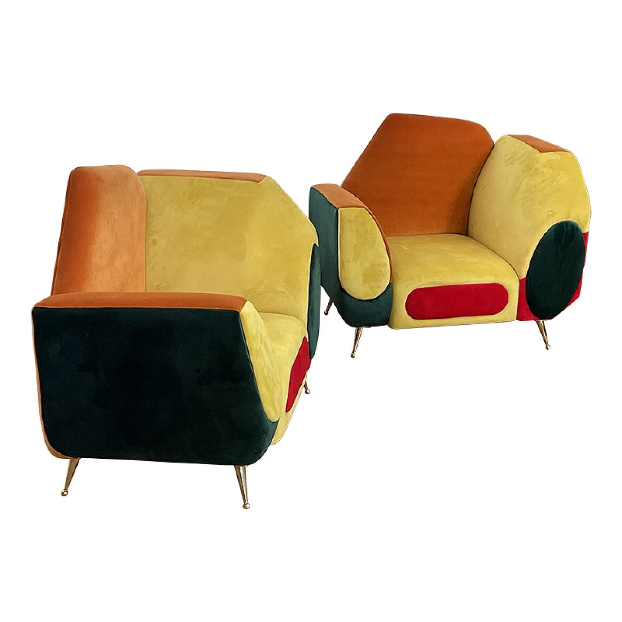 Pair of asymmetrical multicolored fabric armchairs, 1990s 4