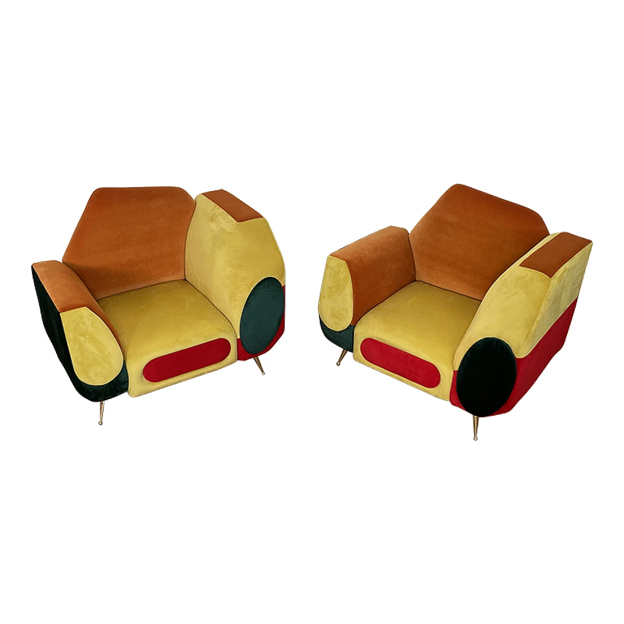 Pair of asymmetrical multicolored fabric armchairs, 1990s 5