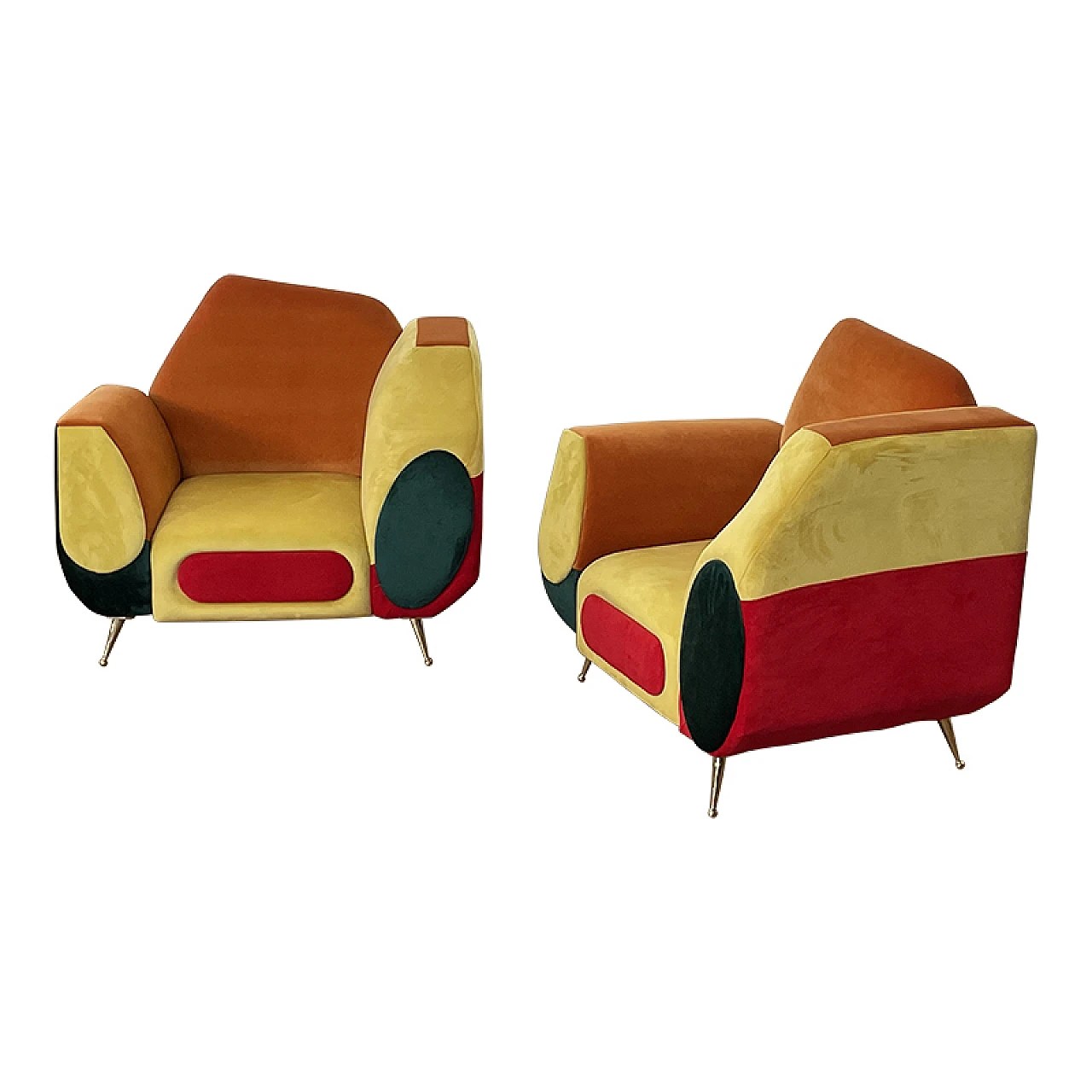Pair of asymmetrical multicolored fabric armchairs, 1990s 6