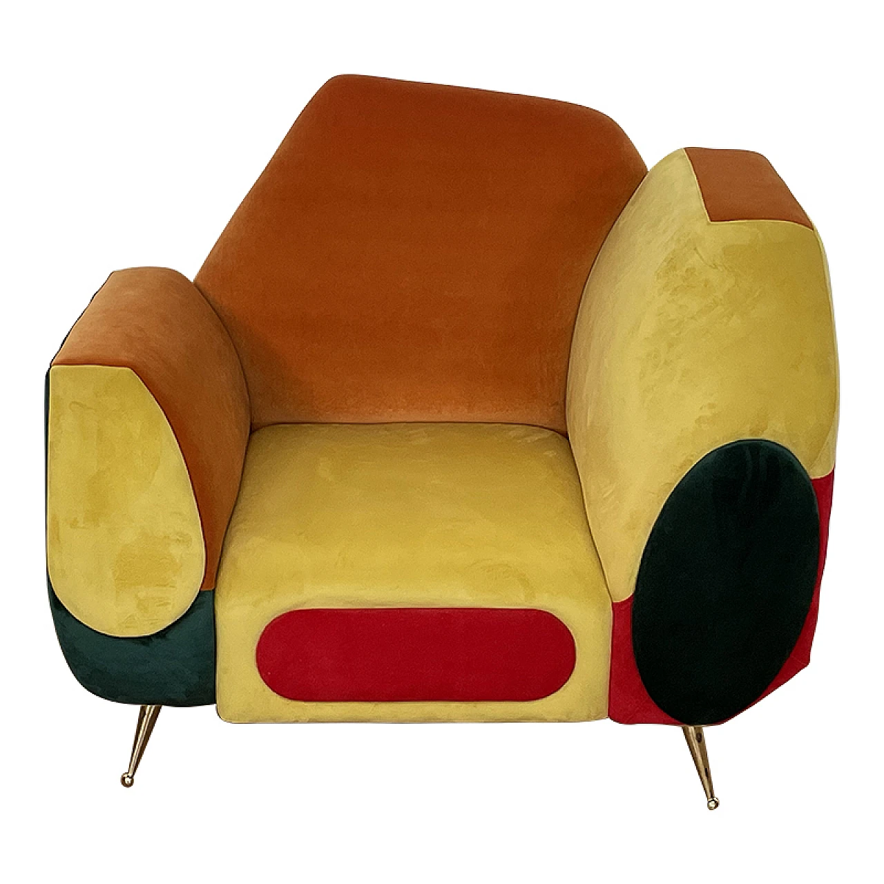 Pair of asymmetrical multicolored fabric armchairs, 1990s 8