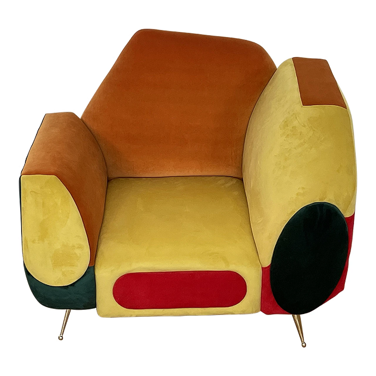 Pair of asymmetrical multicolored fabric armchairs, 1990s 9