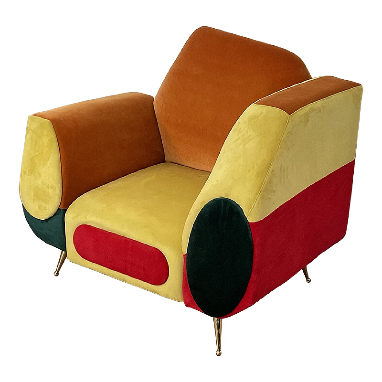 Pair of asymmetrical multicolored fabric armchairs, 1990s 10