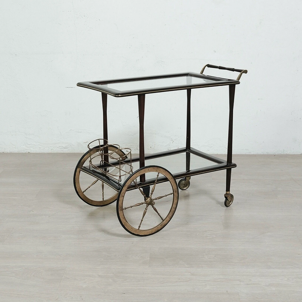 Mahogany veneered wood, glass and brass bar cart, 1960s 1