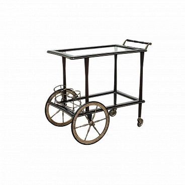 Carrello bar in legno impiallacciato mogano, vetro e ottone, anni '60