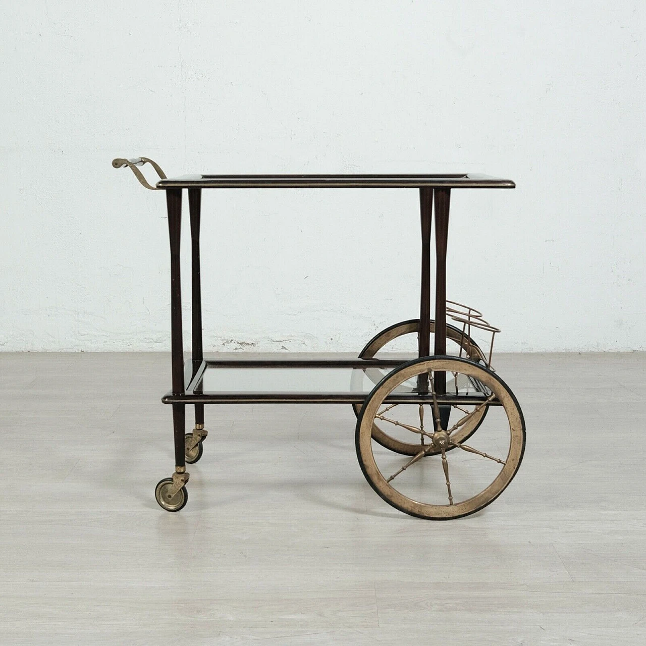 Mahogany veneered wood, glass and brass bar cart, 1960s 11