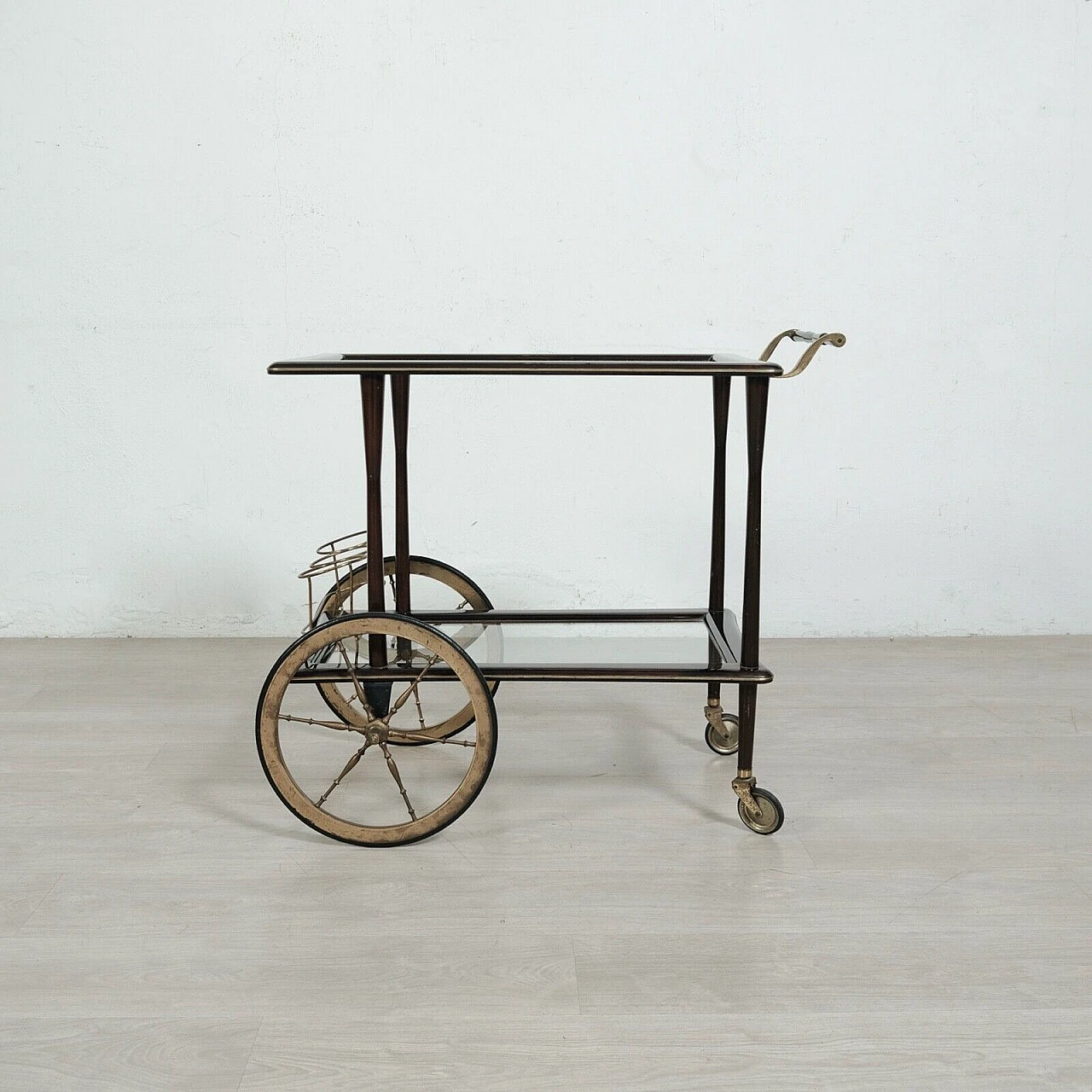 Mahogany veneered wood, glass and brass bar cart, 1960s 16