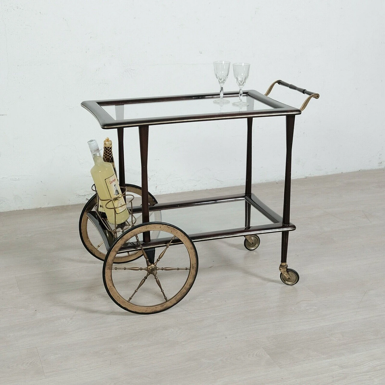 Mahogany veneered wood, glass and brass bar cart, 1960s 17