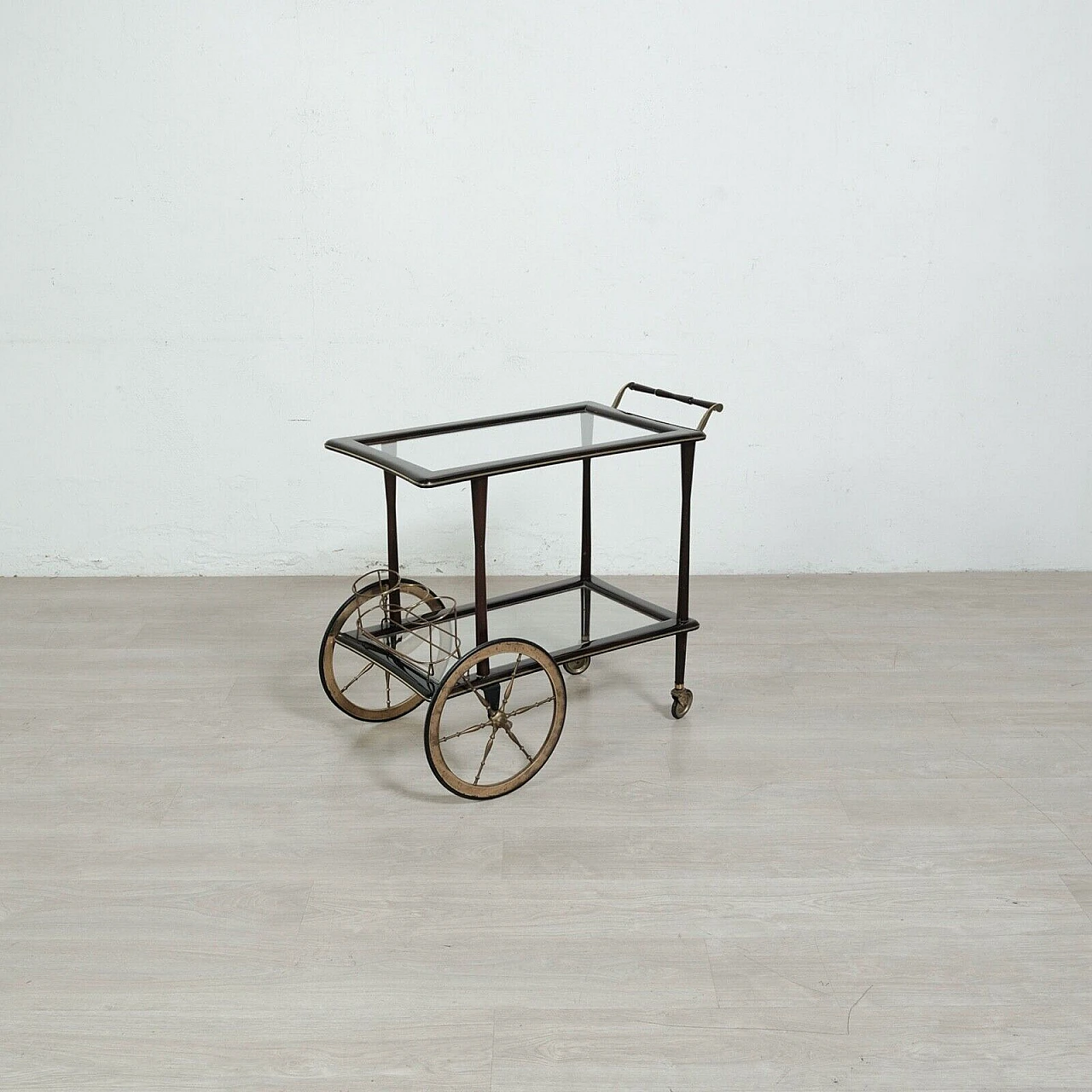 Mahogany veneered wood, glass and brass bar cart, 1960s 19