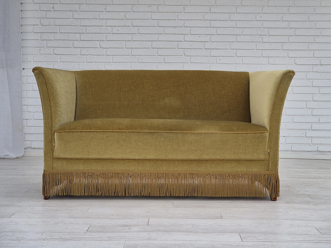Danish beech and green velvet sofa with tassels, 1970s 1