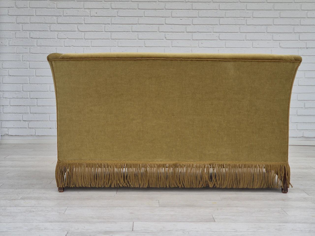 Danish beech and green velvet sofa with tassels, 1970s 11