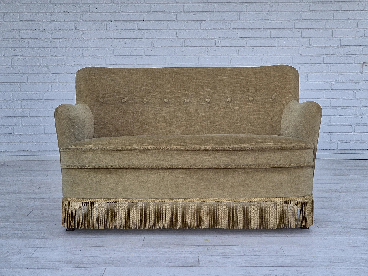 Danish two-seater green velvet sofa with tassels, 1970s 1