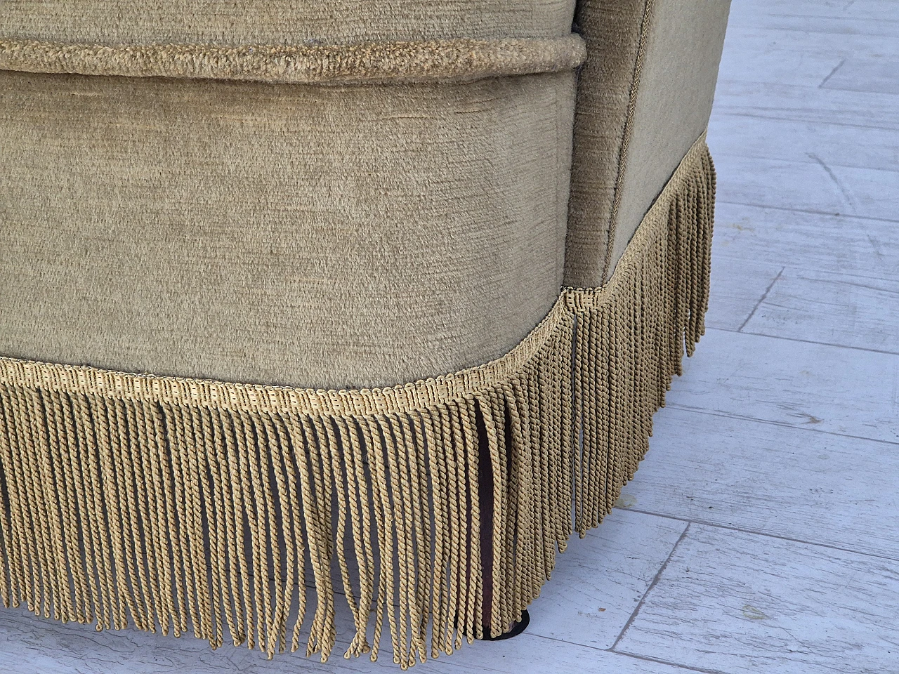 Danish two-seater green velvet sofa with tassels, 1970s 3