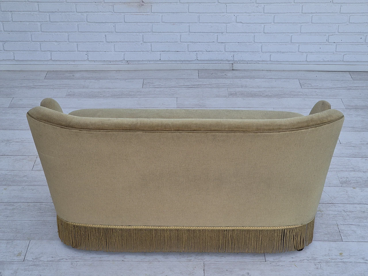 Danish two-seater green velvet sofa with tassels, 1970s 9