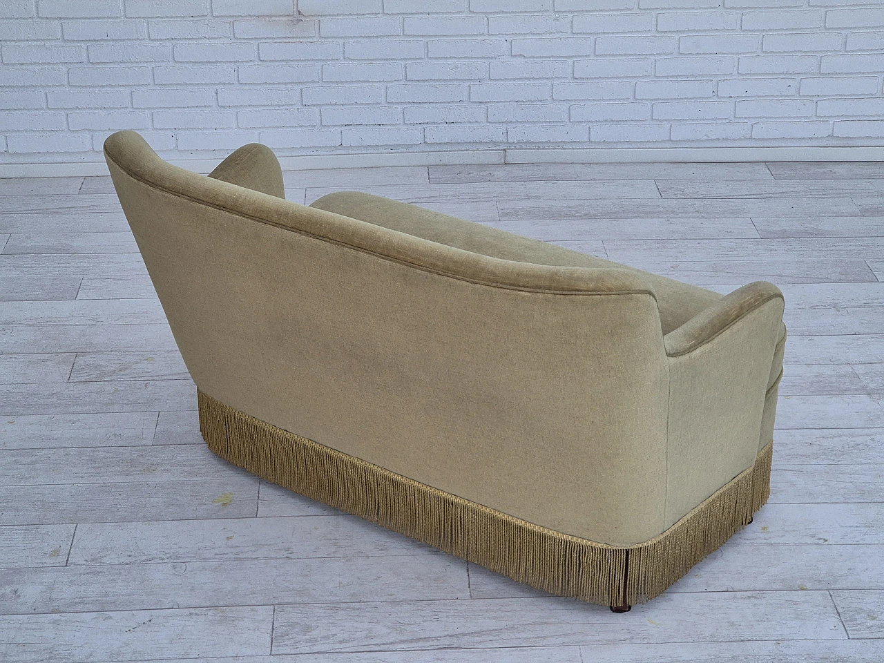 Danish two-seater green velvet sofa with tassels, 1970s 11