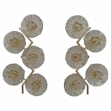 Pair of brass wall lights with Murano glass flowers, 1990s