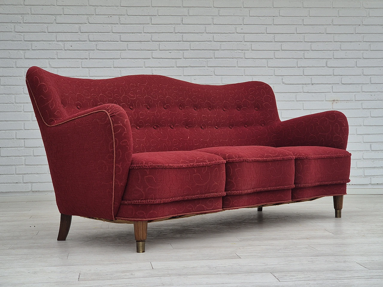 Danish three-seater red fabric and beech sofa, 1960s 1