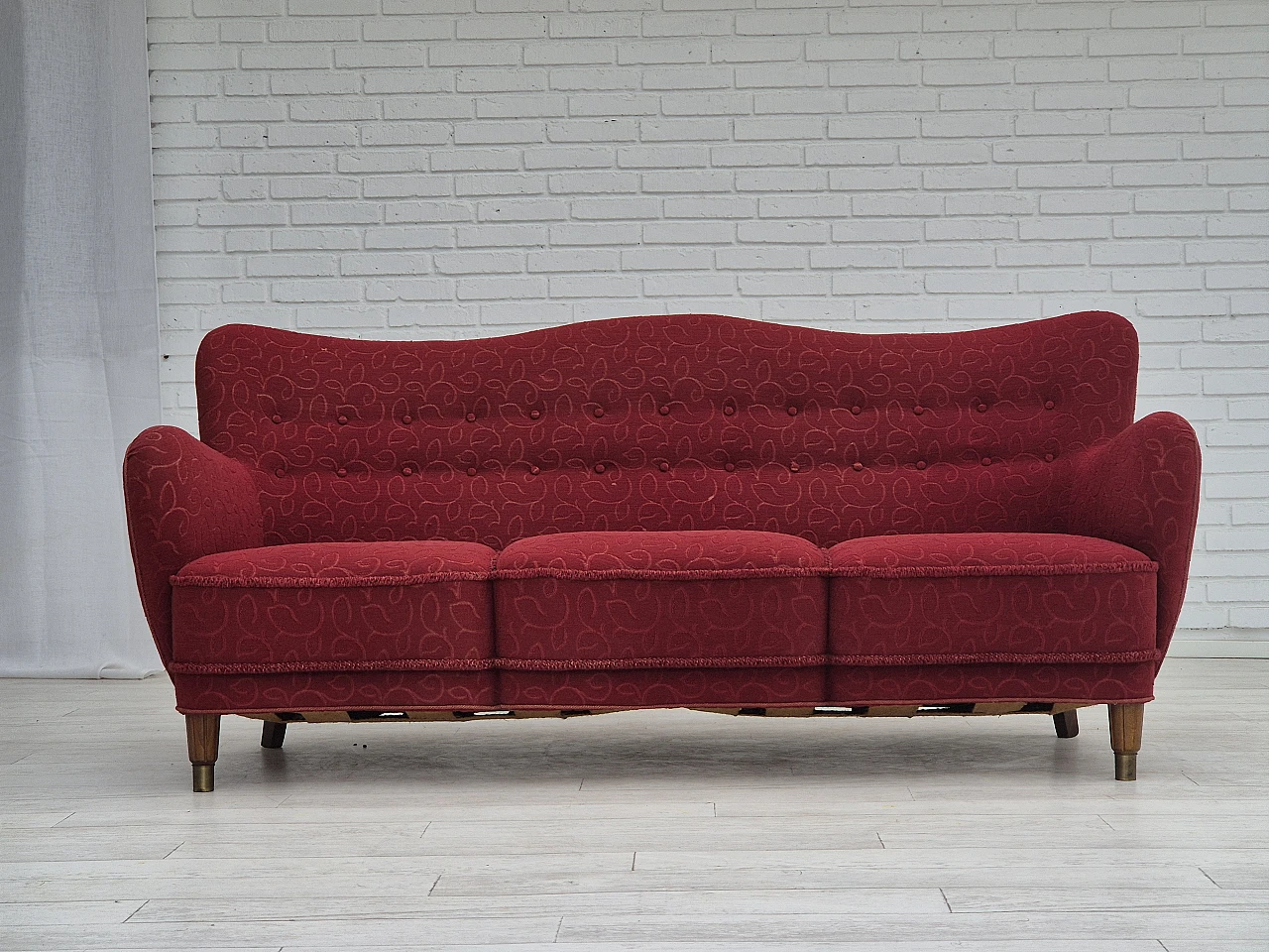 Danish three-seater red fabric and beech sofa, 1960s 2