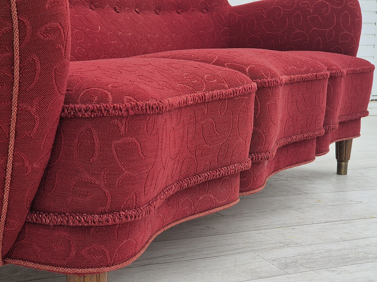 Danish three-seater red fabric and beech sofa, 1960s 8