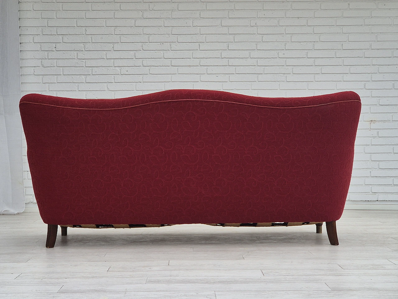 Danish three-seater red fabric and beech sofa, 1960s 9