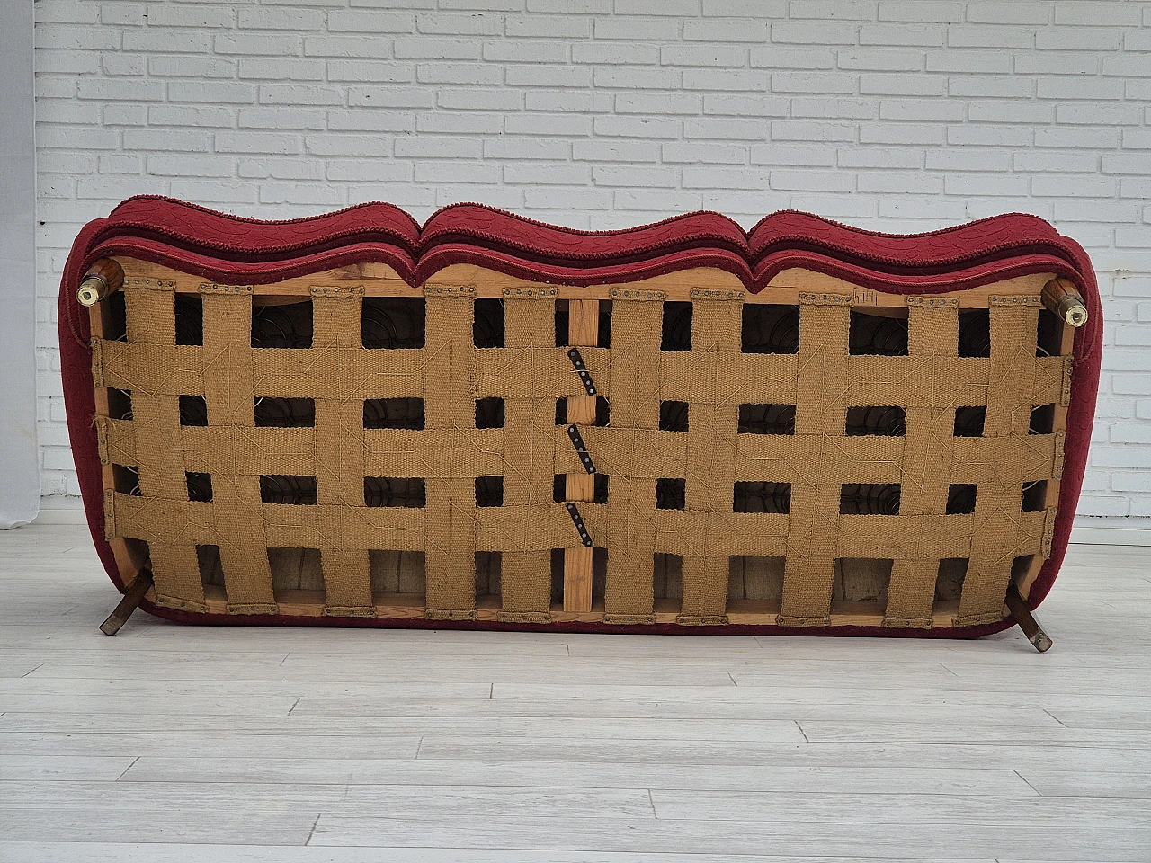 Danish three-seater red fabric and beech sofa, 1960s 12