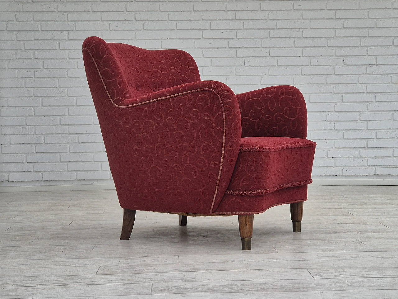 Danish red fabric and beech armchair, 1960s 1