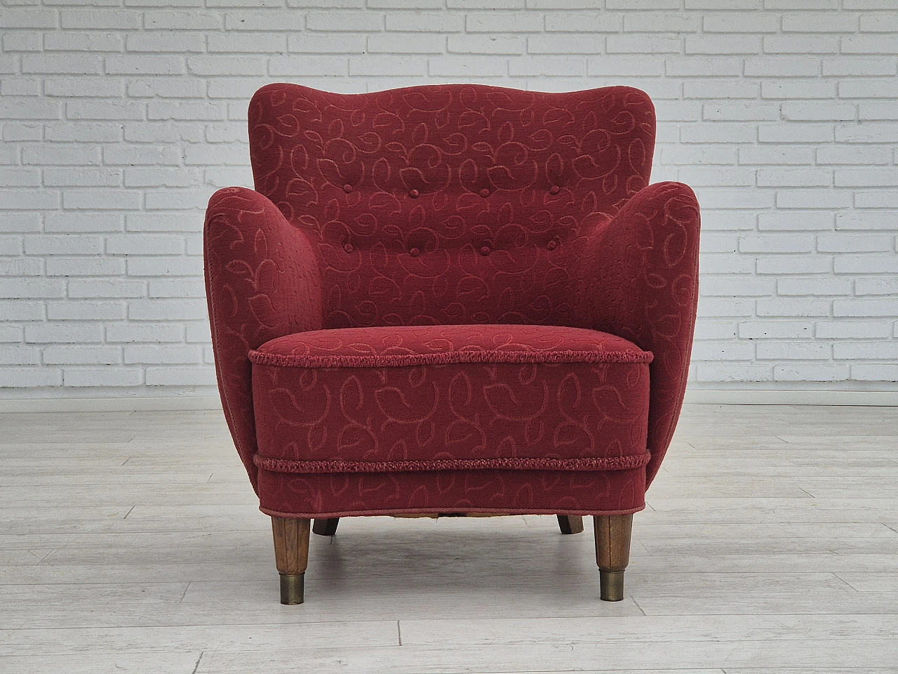 Danish red fabric and beech armchair, 1960s 2
