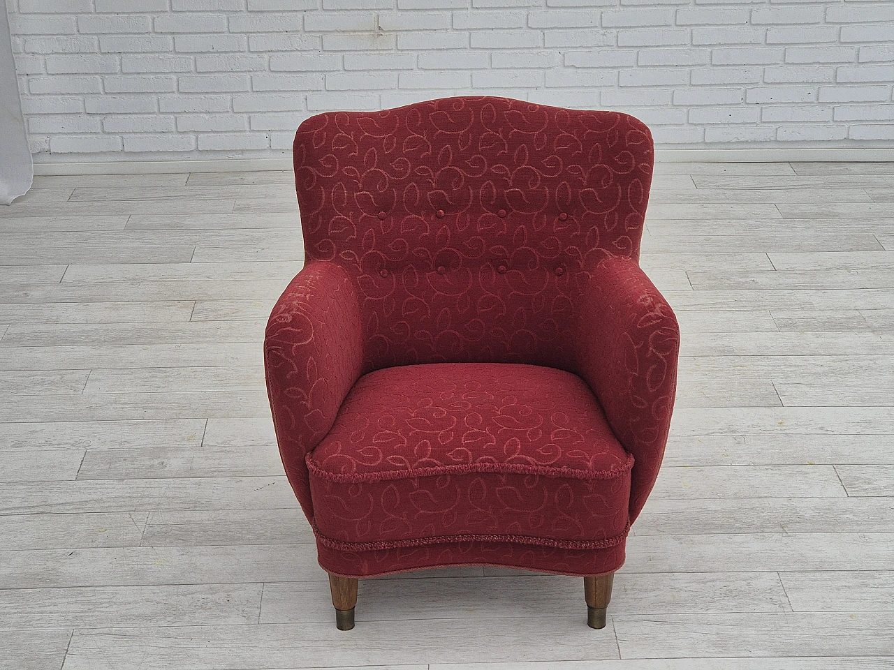 Danish red fabric and beech armchair, 1960s 3