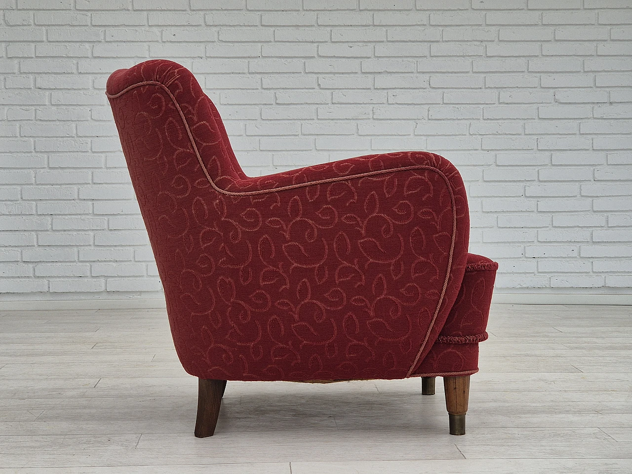 Danish red fabric and beech armchair, 1960s 4