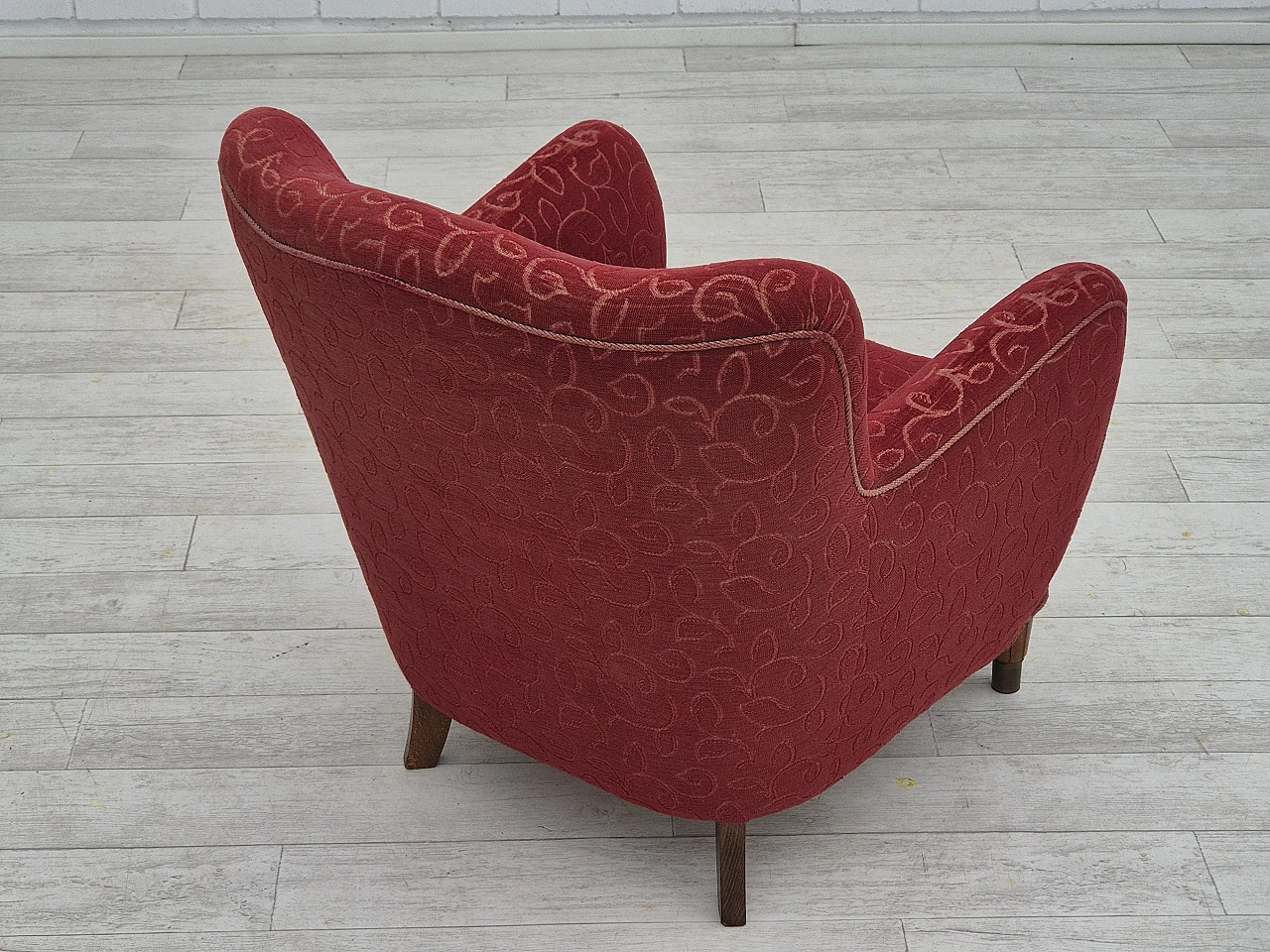 Danish red fabric and beech armchair, 1960s 5