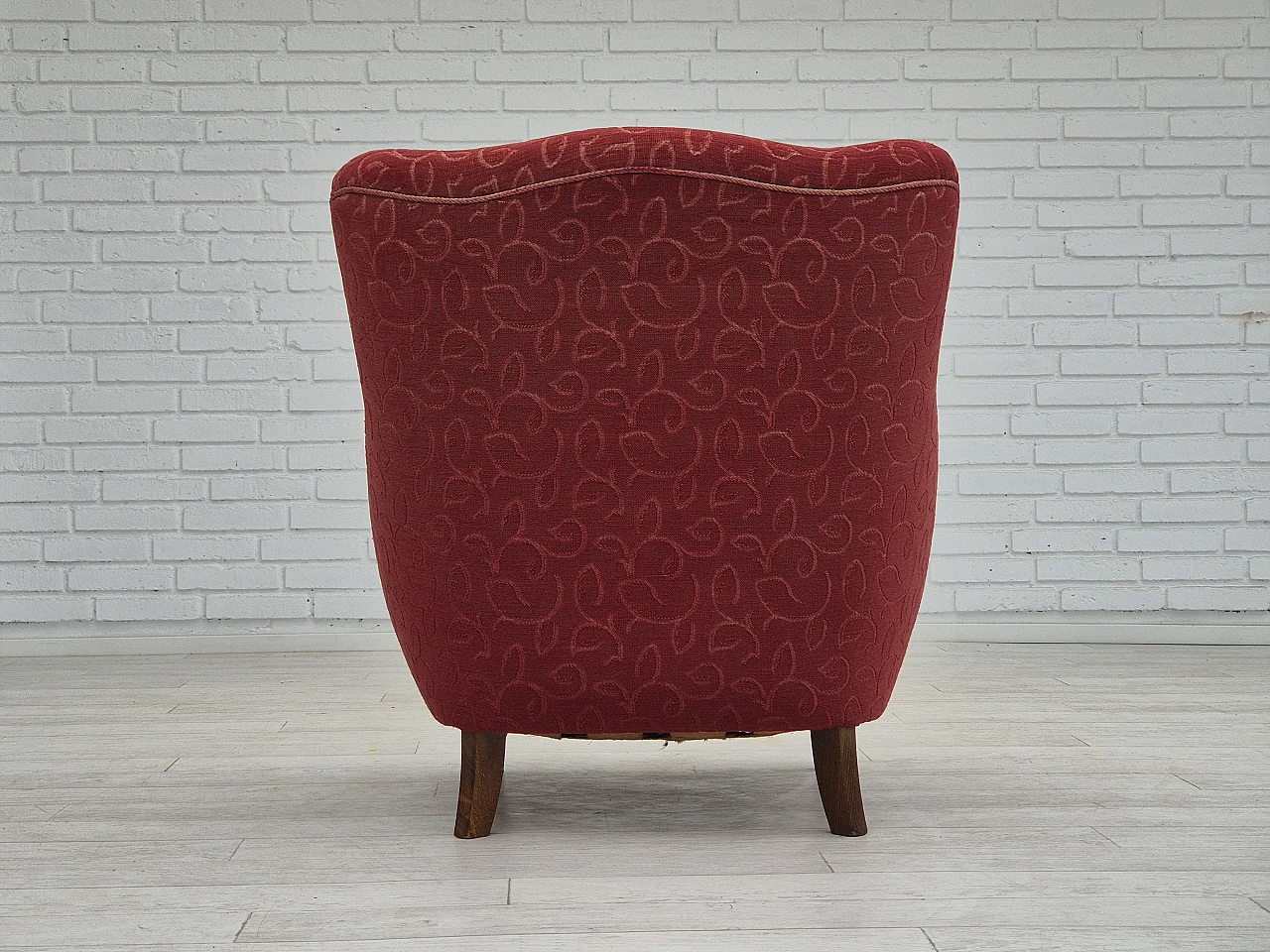Danish red fabric and beech armchair, 1960s 7