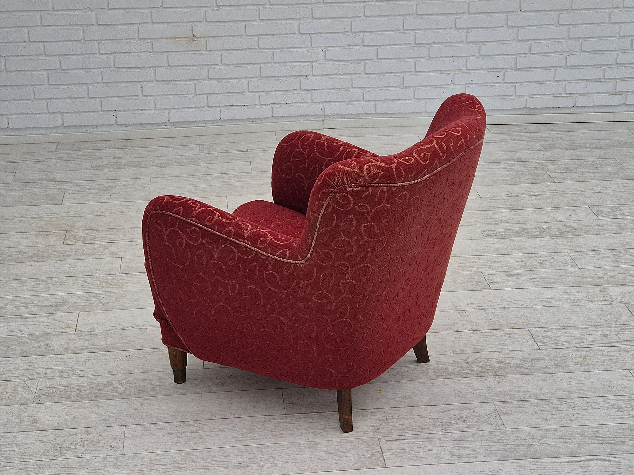 Danish red fabric and beech armchair, 1960s 8