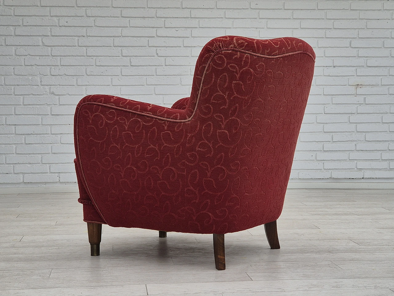 Danish red fabric and beech armchair, 1960s 9