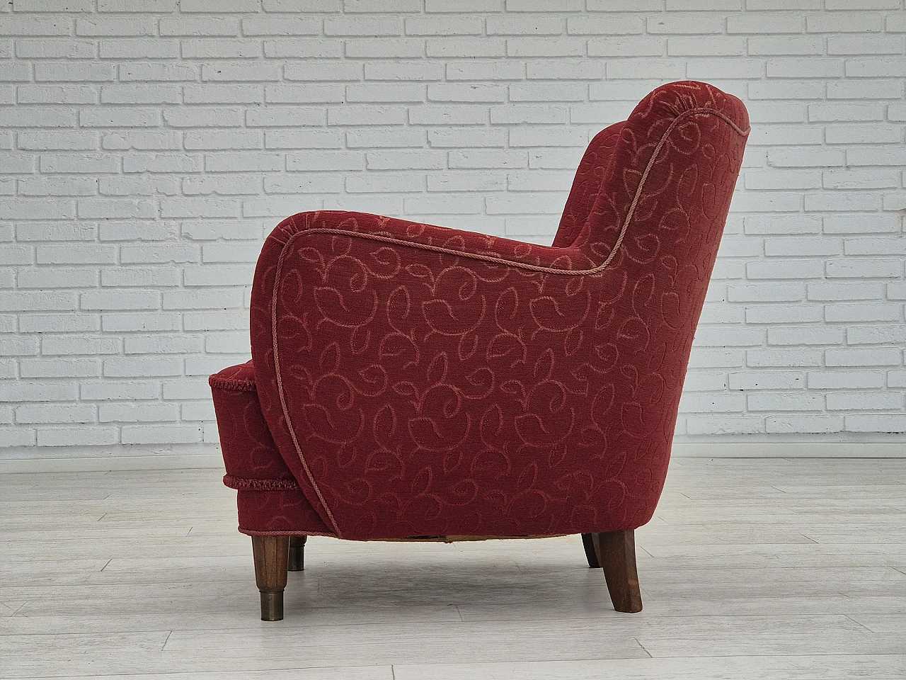 Danish red fabric and beech armchair, 1960s 10